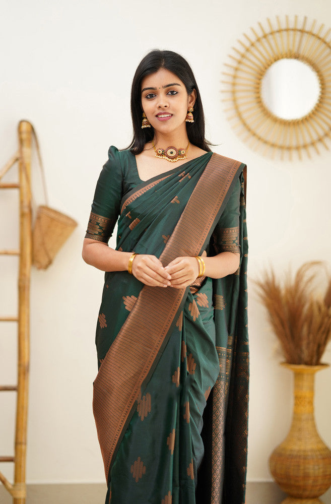 Attractive Dark Green Soft Silk Saree With Refreshing Blouse Piece - Shop authentic Indian Women's Fashion by Silk Folks