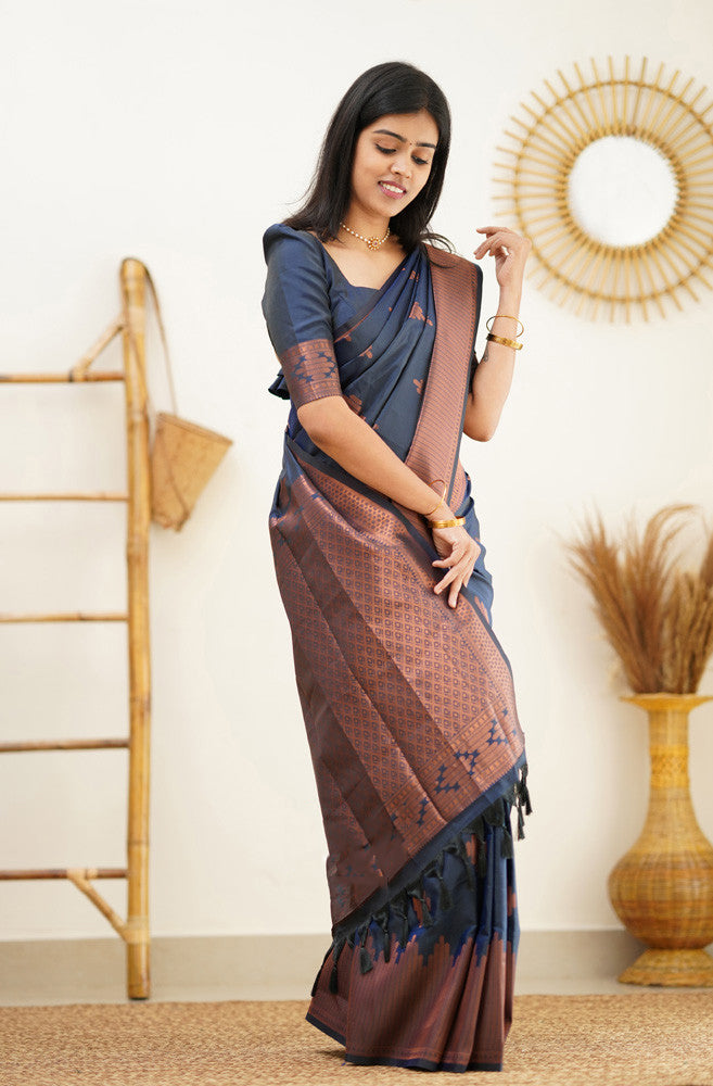 Staring Navy Blue Soft Silk Saree With Beautiful Blouse Piece - Shop authentic Indian Women's Fashion by Silk Folks