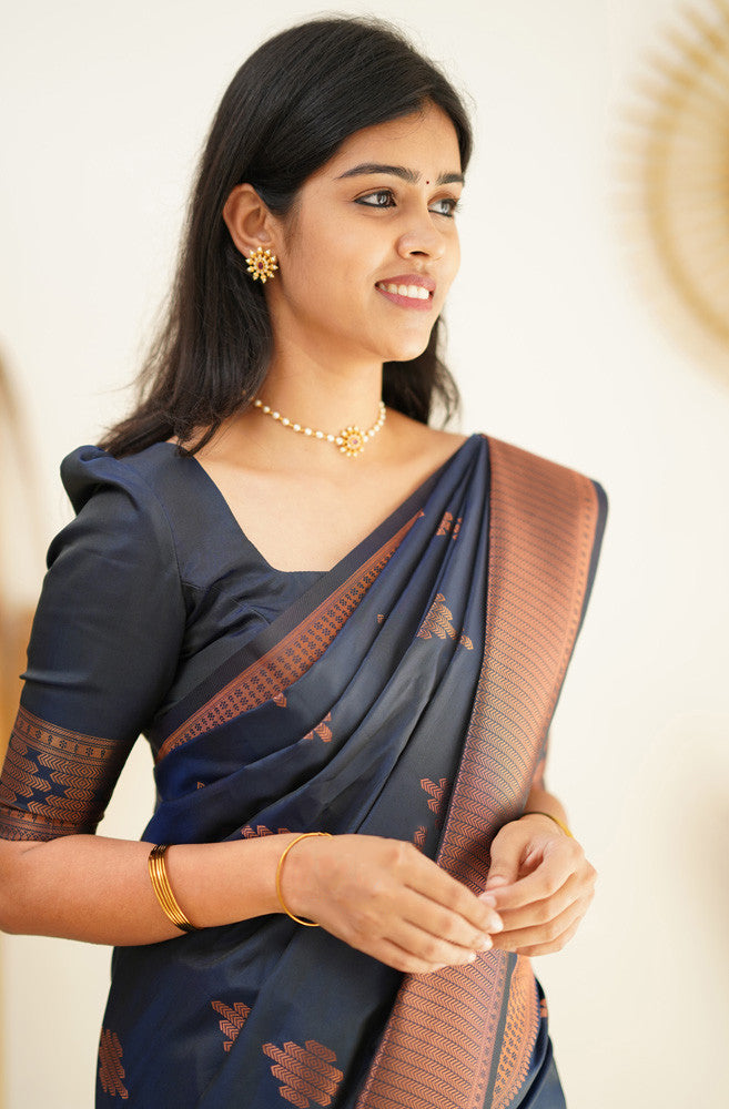 Staring Navy Blue Soft Silk Saree With Beautiful Blouse Piece - Shop authentic Indian Women's Fashion by Silk Folks