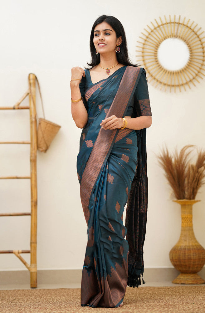 Prominent Rama Soft Silk Saree With Blissful Blouse Piece - Shop authentic Indian Women's Fashion by Silk Folks