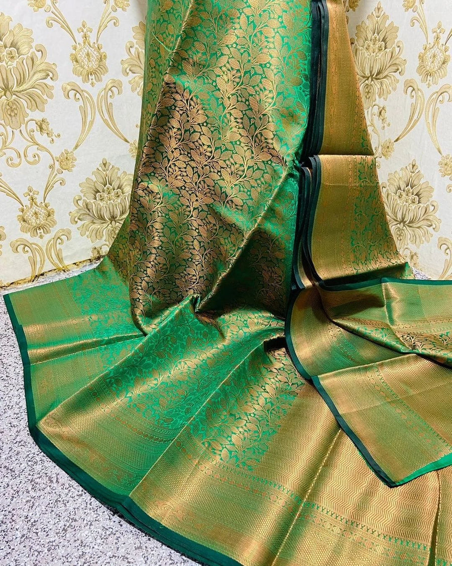 Smashing Green Soft Banarasi Silk Saree With Snazzy Blouse Piece - Shop authentic Indian Women's Fashion by Silk Folks