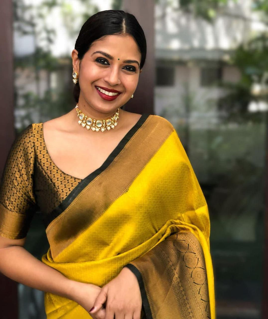Bucolic Yellow Soft Silk Saree With Gossamer Blouse Piece - Shop authentic Indian Women's Fashion by Silk Folks