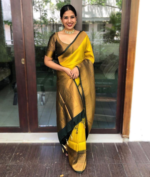 Bucolic Yellow Soft Silk Saree With Gossamer Blouse Piece - Shop authentic Indian Women's Fashion by Silk Folks