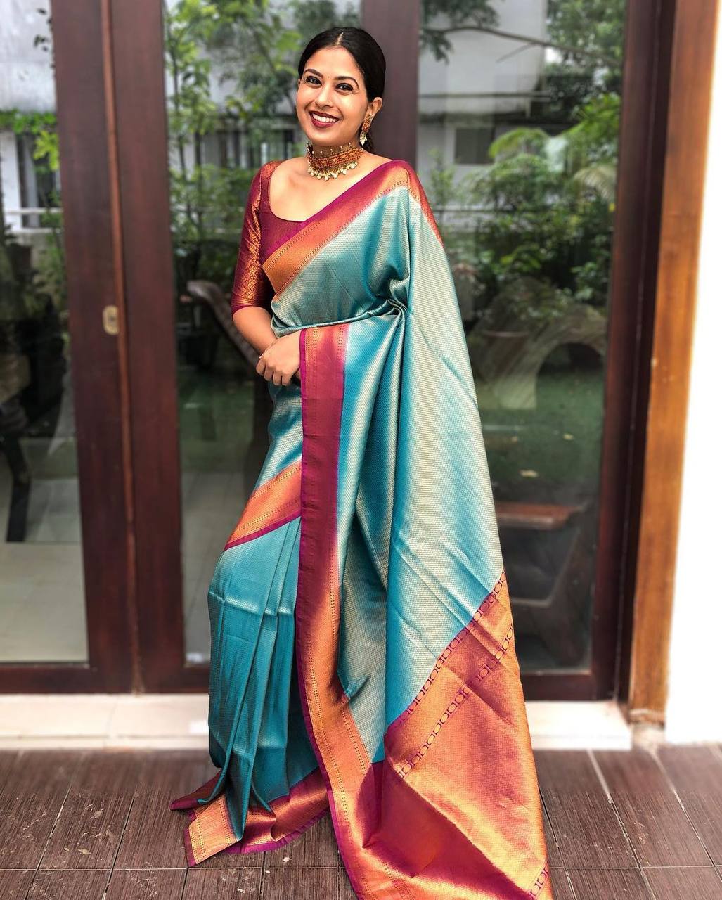 Stunning Firozi Soft Banarasi Silk Saree With Innovative Blouse Piece - Shop authentic Indian Women's Fashion by Silk Folks
