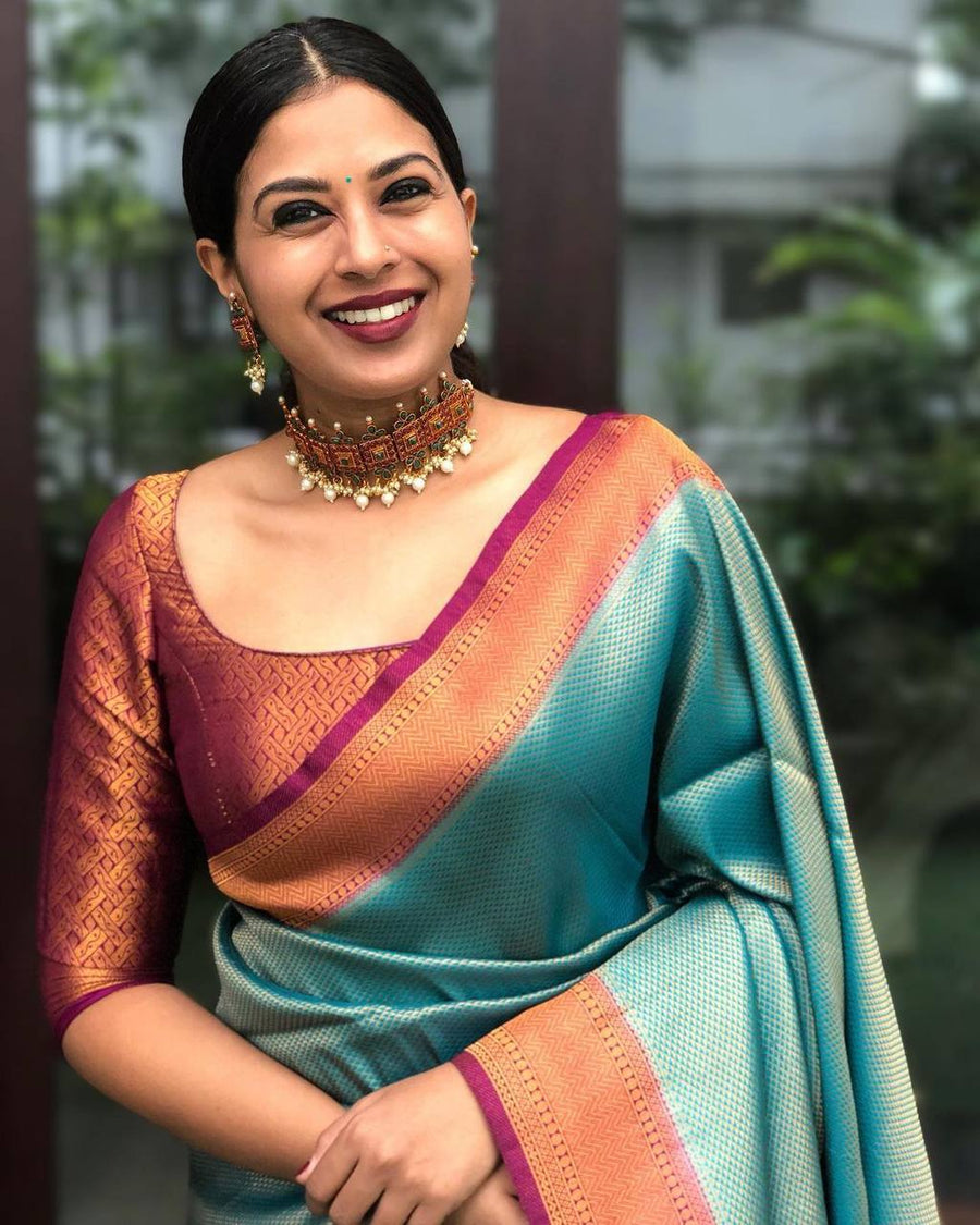 Stunning Firozi Soft Banarasi Silk Saree With Innovative Blouse Piece - Shop authentic Indian Women's Fashion by Silk Folks