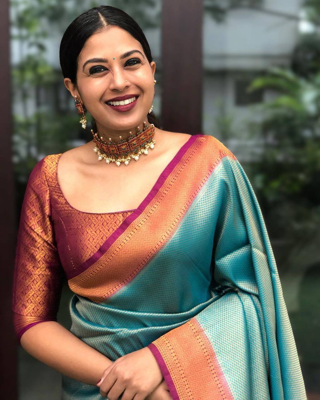Stunning Firozi Soft Banarasi Silk Saree With Innovative Blouse Piece - Shop authentic Indian Women's Fashion by Silk Folks