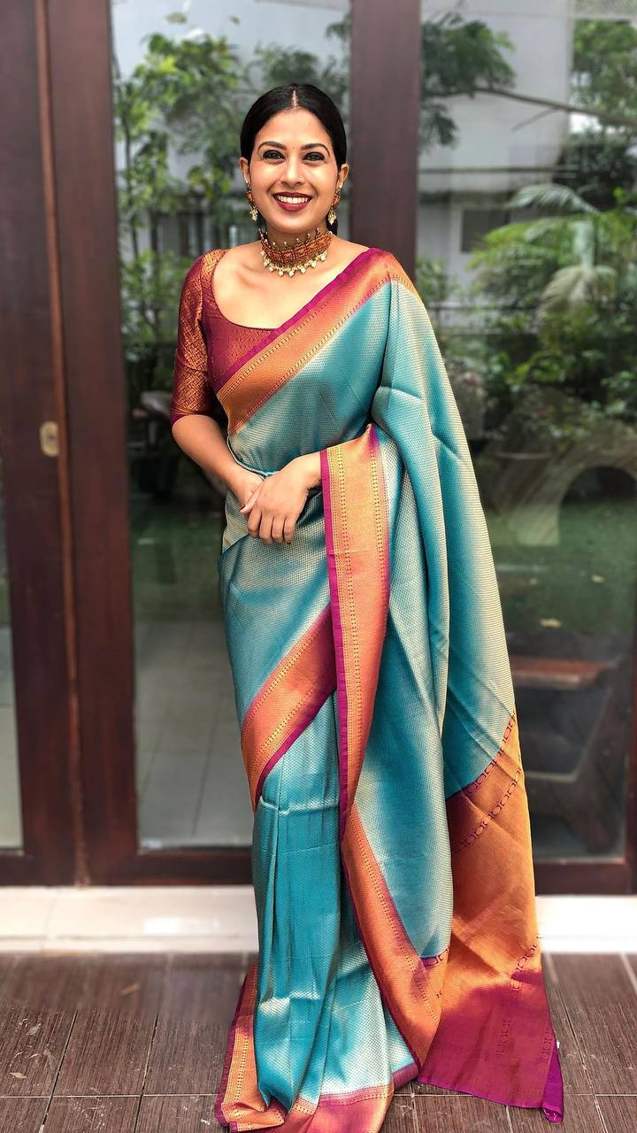 Stunning Firozi Soft Banarasi Silk Saree With Innovative Blouse Piece - Shop authentic Indian Women's Fashion by Silk Folks