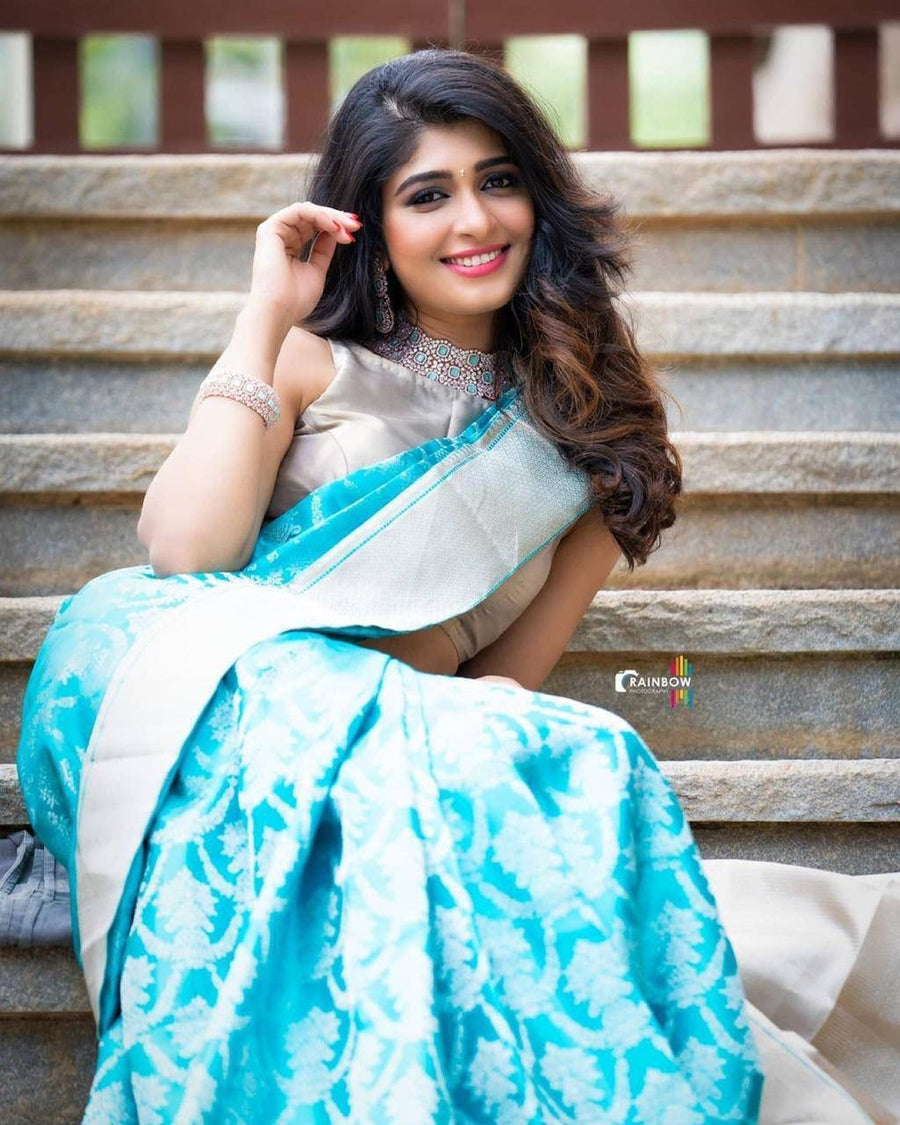 Outstanding Firozi Soft Banarasi Silk Saree With Prettiest Blouse Piec - Shop authentic Indian Women's Fashion by Silk Folks