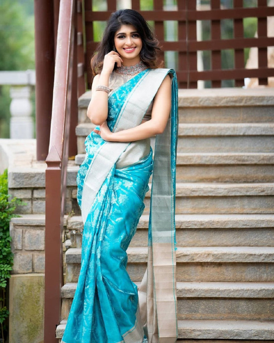 Outstanding Firozi Soft Banarasi Silk Saree With Prettiest Blouse Piec - Shop authentic Indian Women's Fashion by Silk Folks