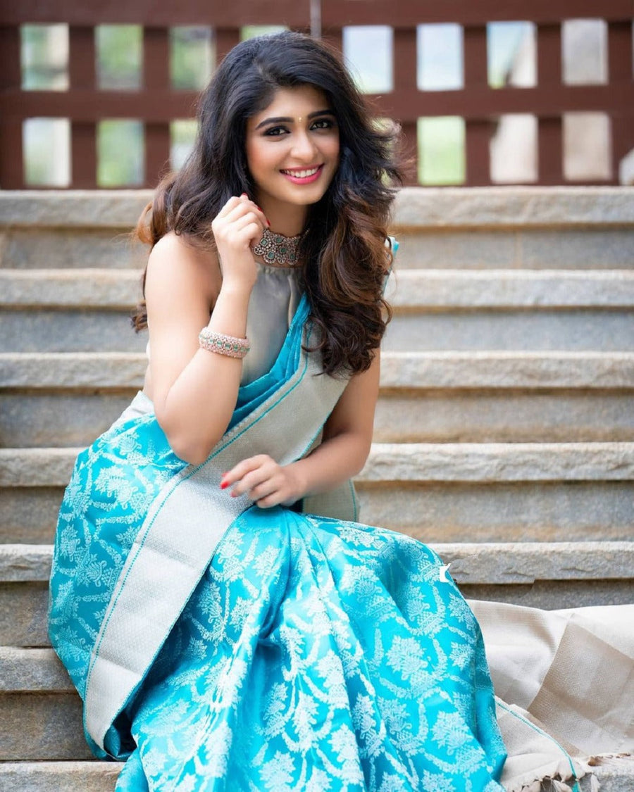 Outstanding Firozi Soft Banarasi Silk Saree With Prettiest Blouse Piec - Shop authentic Indian Women's Fashion by Silk Folks