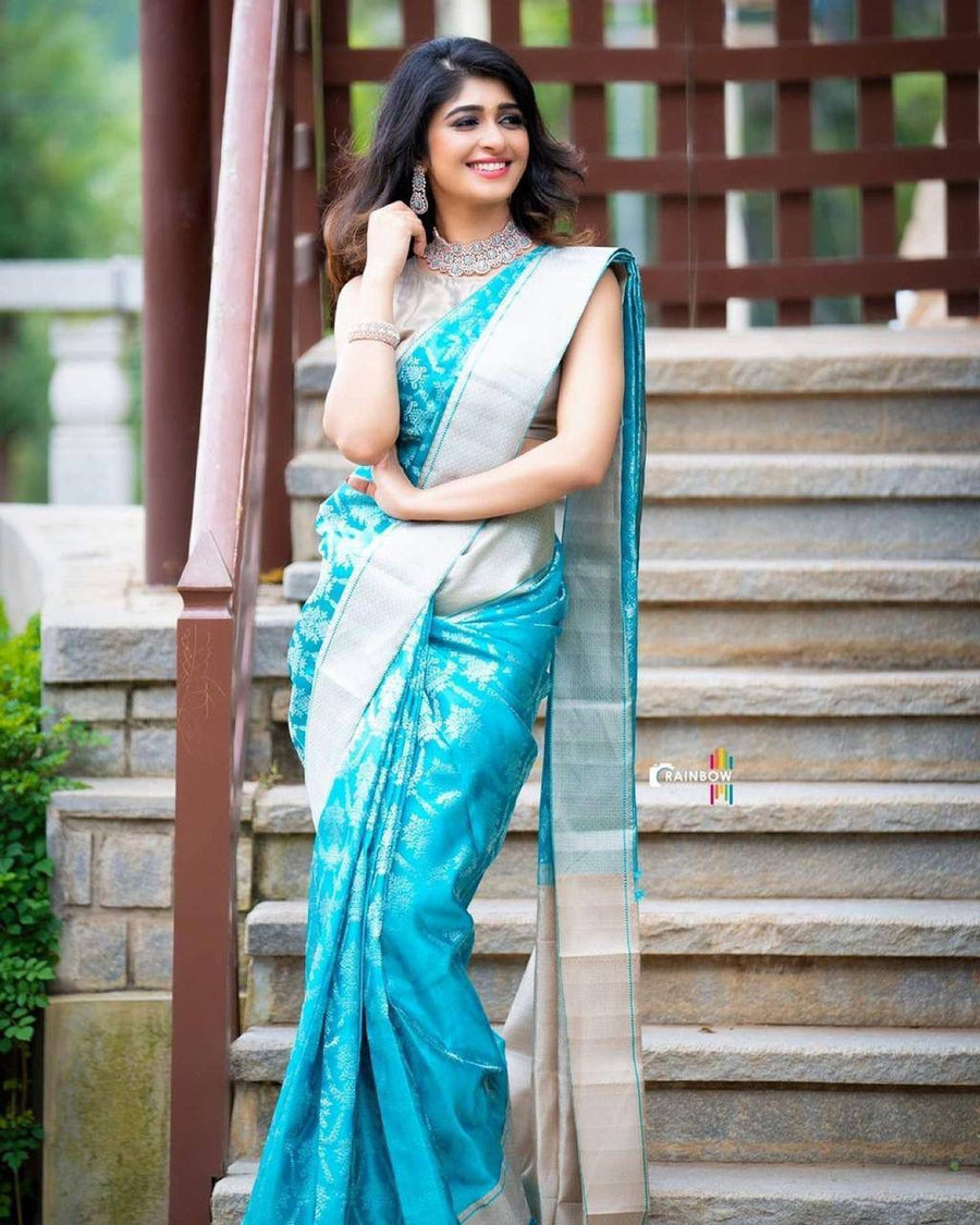 Outstanding Firozi Soft Banarasi Silk Saree With Prettiest Blouse Piec - Shop authentic Indian Women's Fashion by Silk Folks