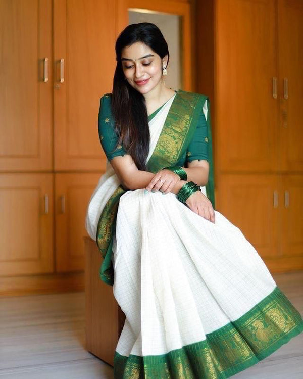 Adorable Off White Soft Banarasi Silk Saree With Desirable Blouse Piec - Shop authentic Indian Women's Fashion by Silk Folks
