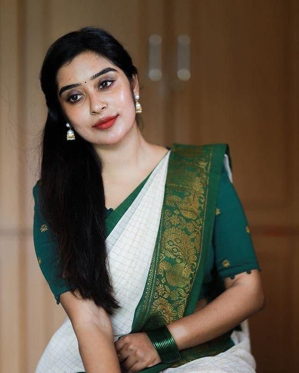 Adorable Off White Soft Banarasi Silk Saree With Desirable Blouse Piec - Shop authentic Indian Women's Fashion by Silk Folks