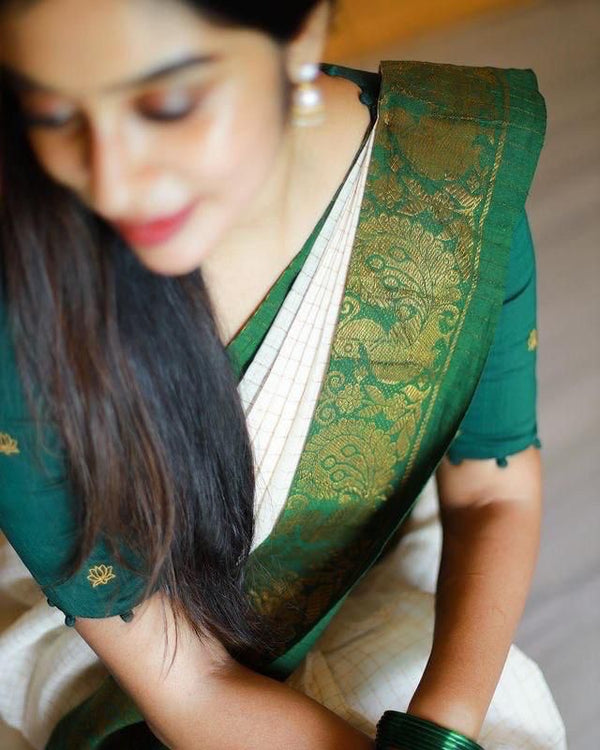 Adorable Off White Soft Banarasi Silk Saree With Desirable Blouse Piec - Shop authentic Indian Women's Fashion by Silk Folks