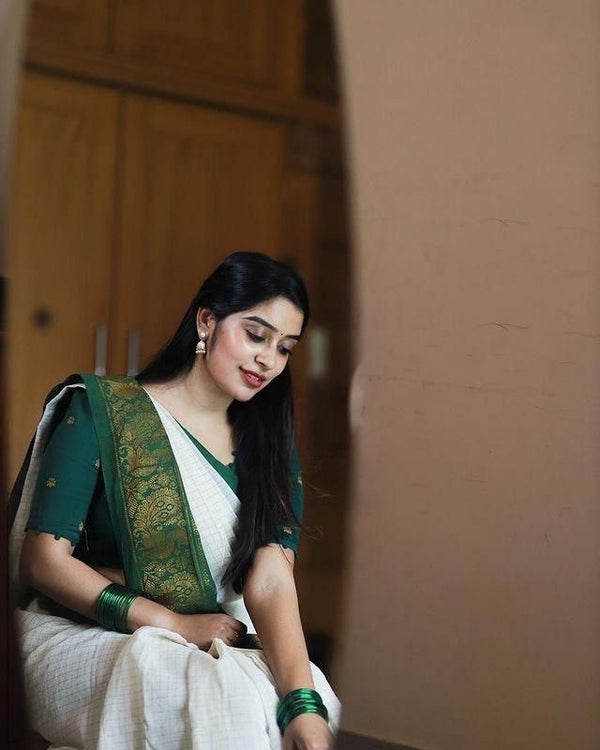 Adorable Off White Soft Banarasi Silk Saree With Desirable Blouse Piec - Shop authentic Indian Women's Fashion by Silk Folks