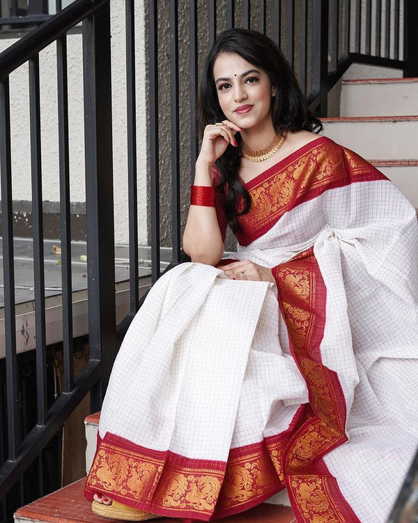 Adorable Off White Soft Banarasi Silk Saree With Majesty Blouse Piece - Shop authentic Indian Women's Fashion by Silk Folks