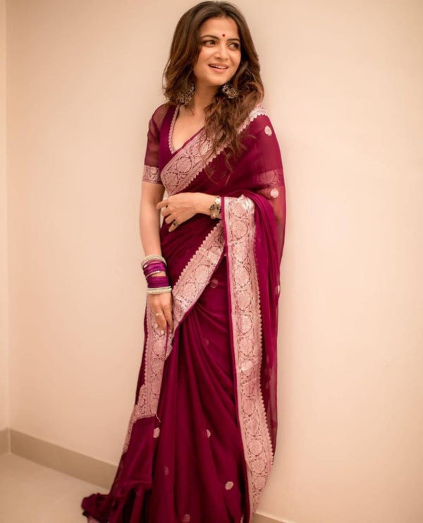 Arresting Wine Soft Silk Saree With Tempting Blouse Piece - Shop authentic Indian Women's Fashion by Silk Folks