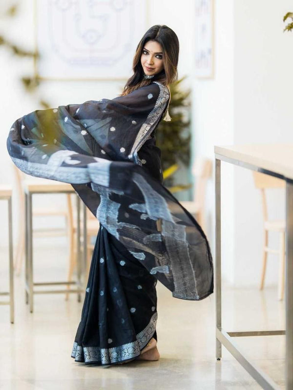 Arresting Black Soft Silk Saree With Artistic Blouse Piece - Shop authentic Indian Women's Fashion by Silk Folks