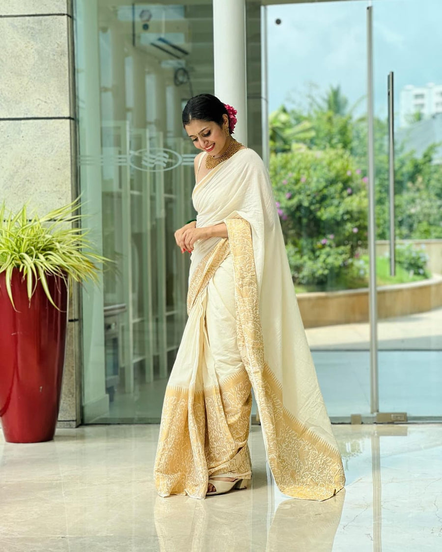 Beauteous White Soft Silk Saree With Serendipity Blouse Piece - Shop authentic Indian Women's Fashion by Silk Folks