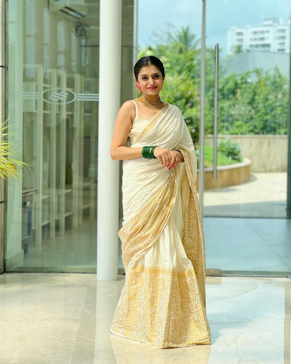 Beauteous White Soft Silk Saree With Serendipity Blouse Piece - Shop authentic Indian Women's Fashion by Silk Folks