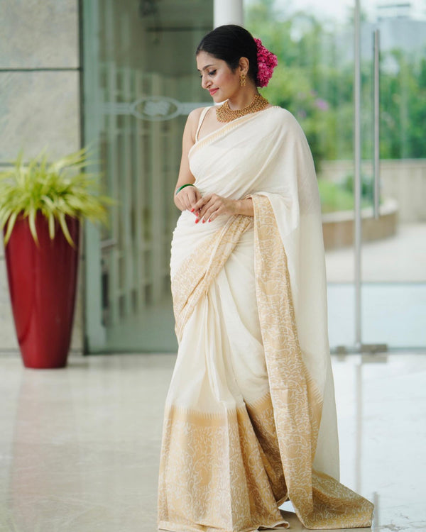 Beauteous White Soft Silk Saree With Serendipity Blouse Piece - Shop authentic Indian Women's Fashion by Silk Folks