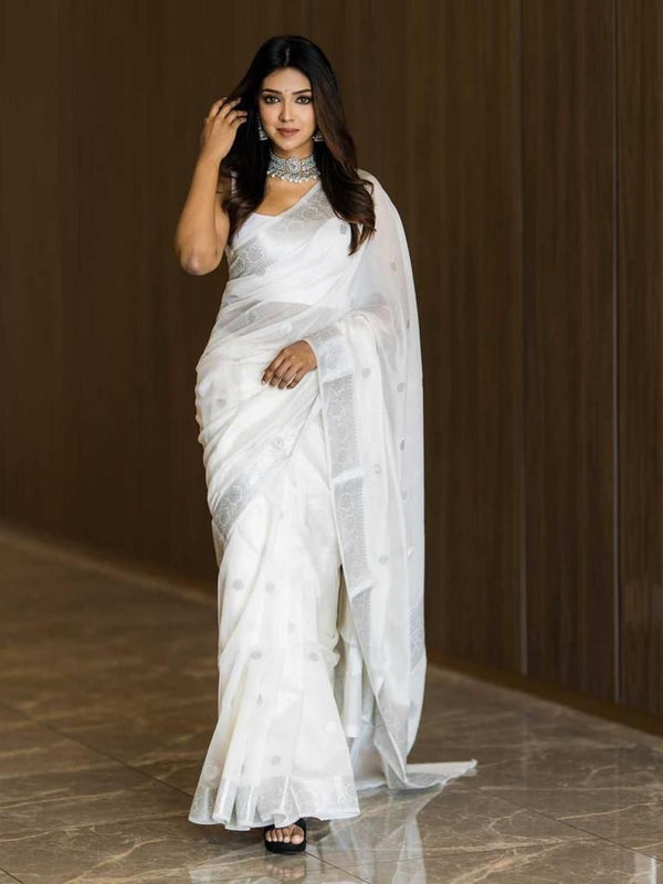Bewitching White Soft Silk Saree With Cynosure Blouse Piece - Shop authentic Indian Women's Fashion by Silk Folks