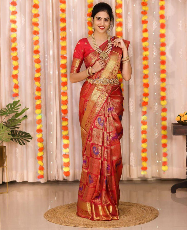 Blooming Red Soft Banarasi Silk Saree With Imbrication Blouse Piece - Shop authentic Indian Women's Fashion by Silk Folks