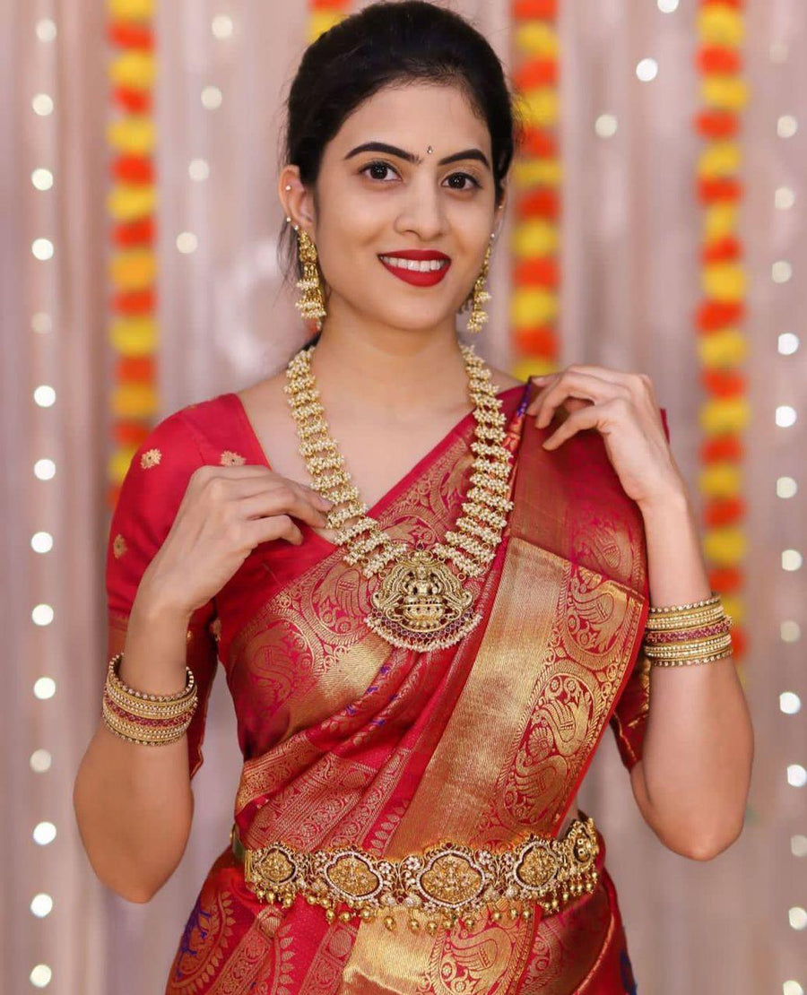 Blooming Red Soft Banarasi Silk Saree With Imbrication Blouse Piece - Shop authentic Indian Women's Fashion by Silk Folks