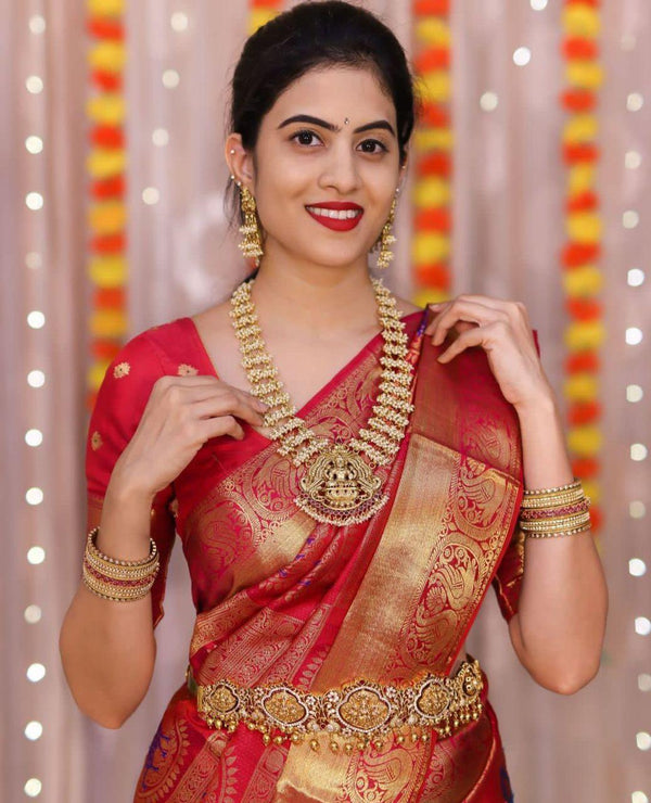 Blooming Red Soft Banarasi Silk Saree With Imbrication Blouse Piece - Shop authentic Indian Women's Fashion by Silk Folks