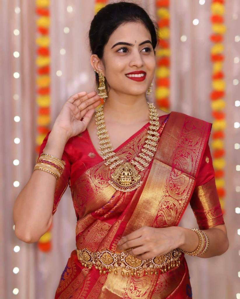 Blooming Red Soft Banarasi Silk Saree With Imbrication Blouse Piece - Shop authentic Indian Women's Fashion by Silk Folks