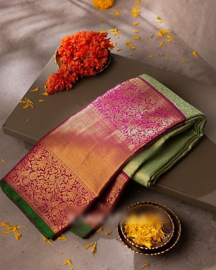 Comely Pista Soft Banarasi Silk Saree With Surpassing Blouse Piece - Shop authentic Indian Women's Fashion by Silk Folks