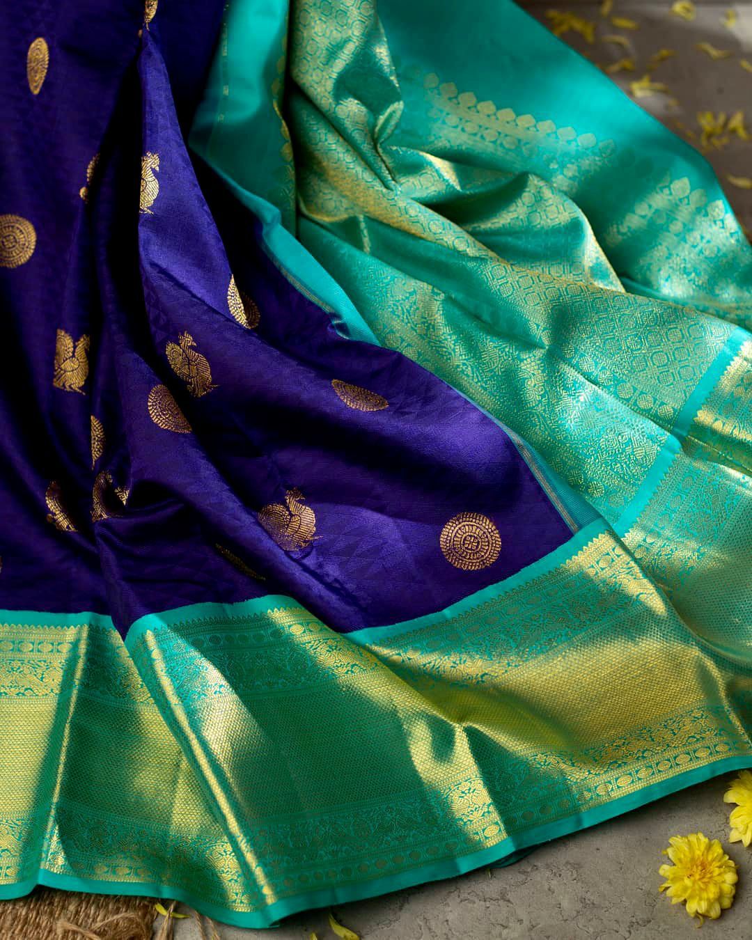 Delectable Blue Soft Banarasi Silk Saree With Ethnic Blouse Piece - Shop authentic Indian Women's Fashion by Silk Folks