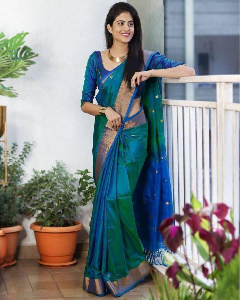 Designer Rama Soft Silk Saree with Invaluable Blouse Piece - Shop authentic Indian Women's Fashion by Silk Folks