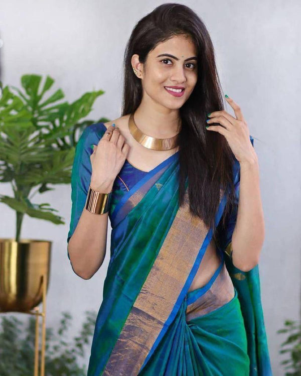 Designer Rama Soft Silk Saree with Invaluable Blouse Piece - Shop authentic Indian Women's Fashion by Silk Folks