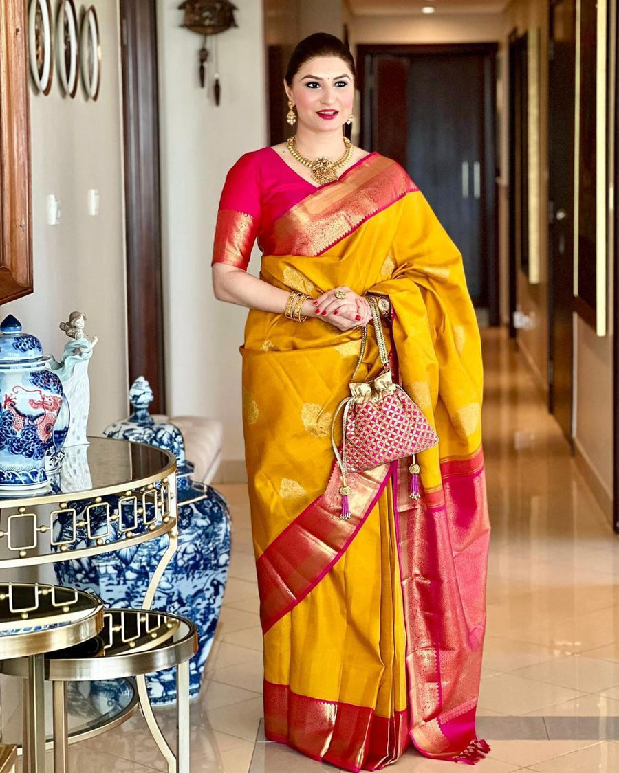 Dissemble Yellow Soft Banarasi Silk Saree With Blissful Blouse Piece - Shop authentic Indian Women's Fashion by Silk Folks