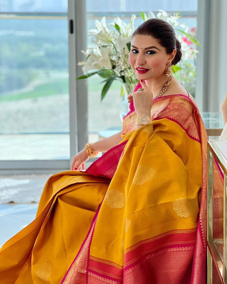 Dissemble Yellow Soft Banarasi Silk Saree With Blissful Blouse Piece - Shop authentic Indian Women's Fashion by Silk Folks