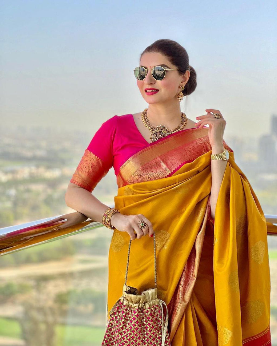 Dissemble Yellow Soft Banarasi Silk Saree With Blissful Blouse Piece - Shop authentic Indian Women's Fashion by Silk Folks