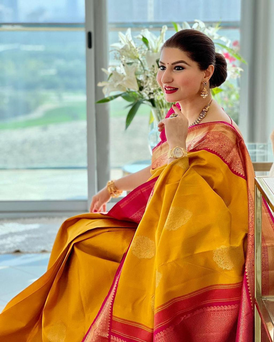 Dissemble Yellow Soft Banarasi Silk Saree With Blissful Blouse Piece - Shop authentic Indian Women's Fashion by Silk Folks