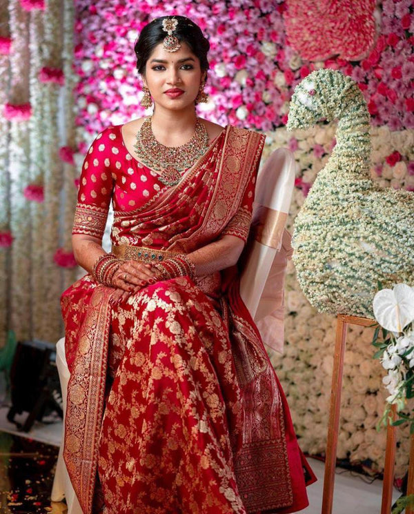 Divine Red Soft Banarasi Silk Saree With Angelic Blouse Piece - Shop authentic Indian Women's Fashion by Silk Folks