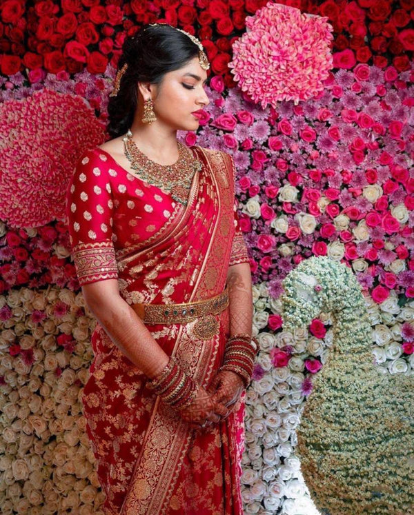 Divine Red Soft Banarasi Silk Saree With Angelic Blouse Piece - Shop authentic Indian Women's Fashion by Silk Folks