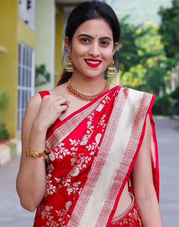 Divine Red Soft Banarasi Silk Saree With Seraglio Blouse Piece - Shop authentic Indian Women's Fashion by Silk Folks