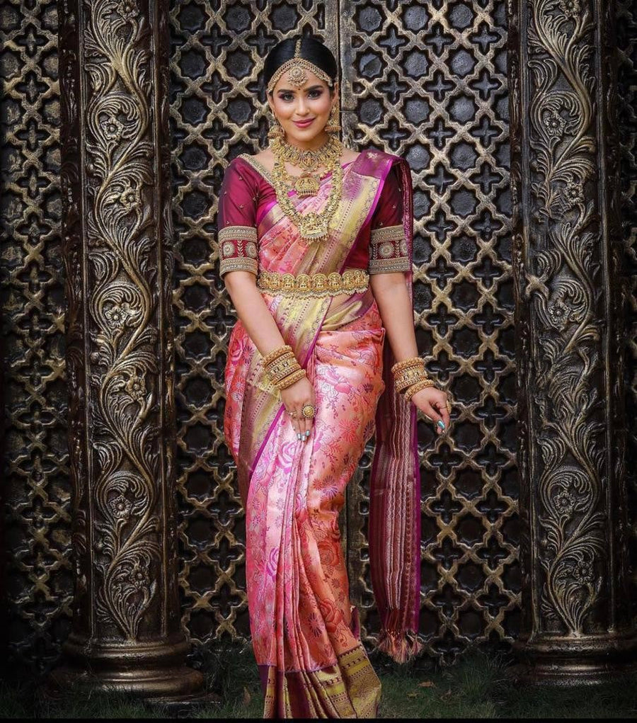 Efflorescence Pink Soft Banarasi Silk Saree With Nemesis Blouse Piece - Shop authentic Indian Women's Fashion by Silk Folks