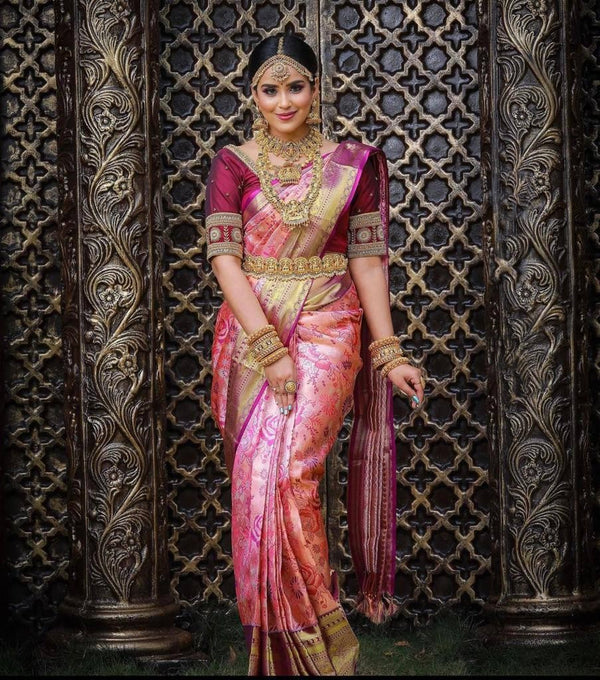 Efflorescence Pink Soft Banarasi Silk Saree With Nemesis Blouse Piece - Shop authentic Indian Women's Fashion by Silk Folks