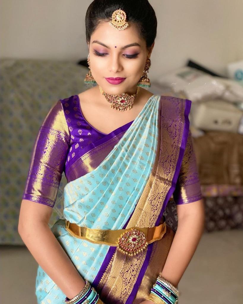 Extraordinary Firozi Soft Banarasi Silk Saree With Awesome Blouse Piec - Shop authentic Indian Women's Fashion by Silk Folks