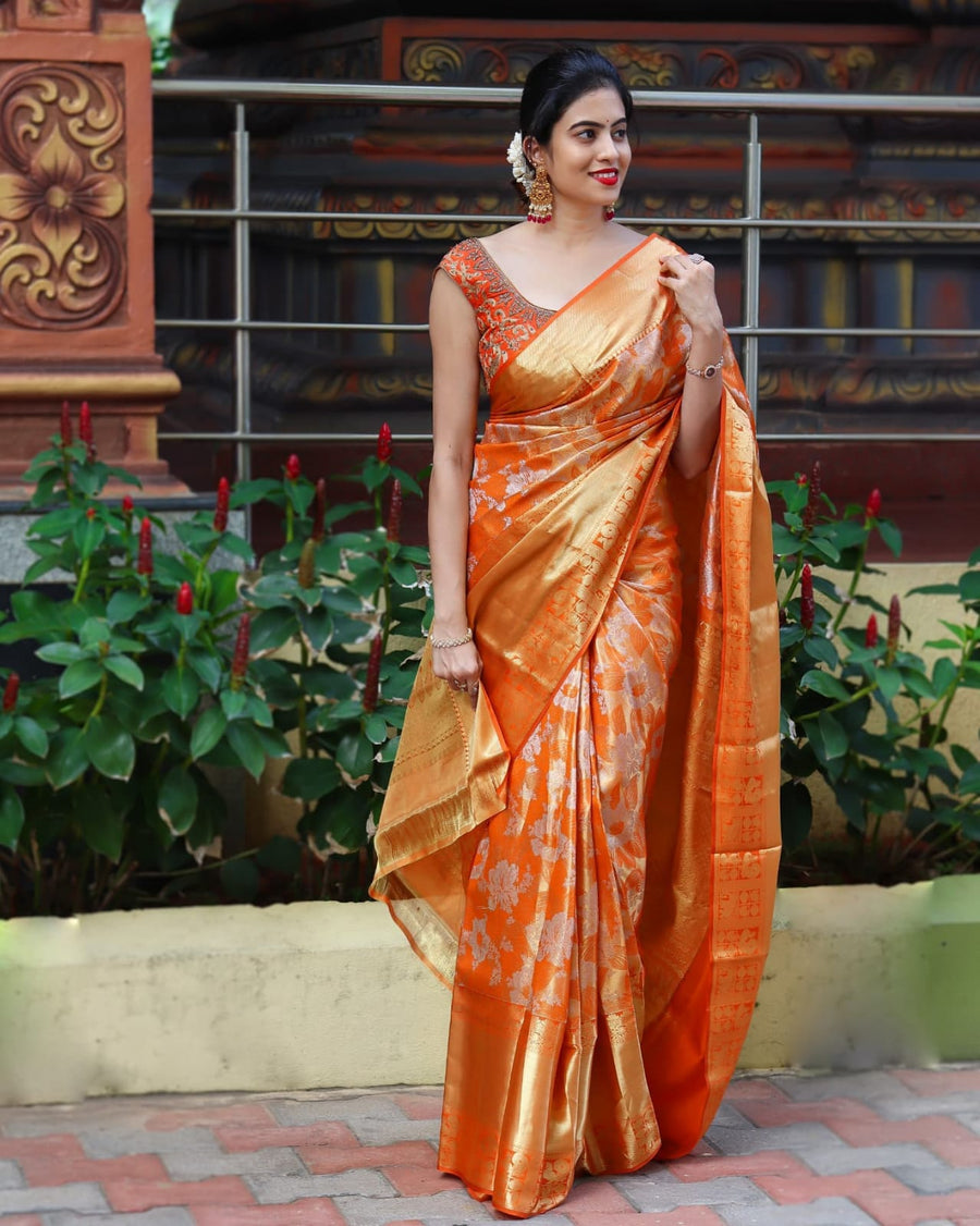 Felicitous Orange Soft Banarasi Silk Saree With Enchanting Blouse Piec - Shop authentic Indian Women's Fashion by Silk Folks