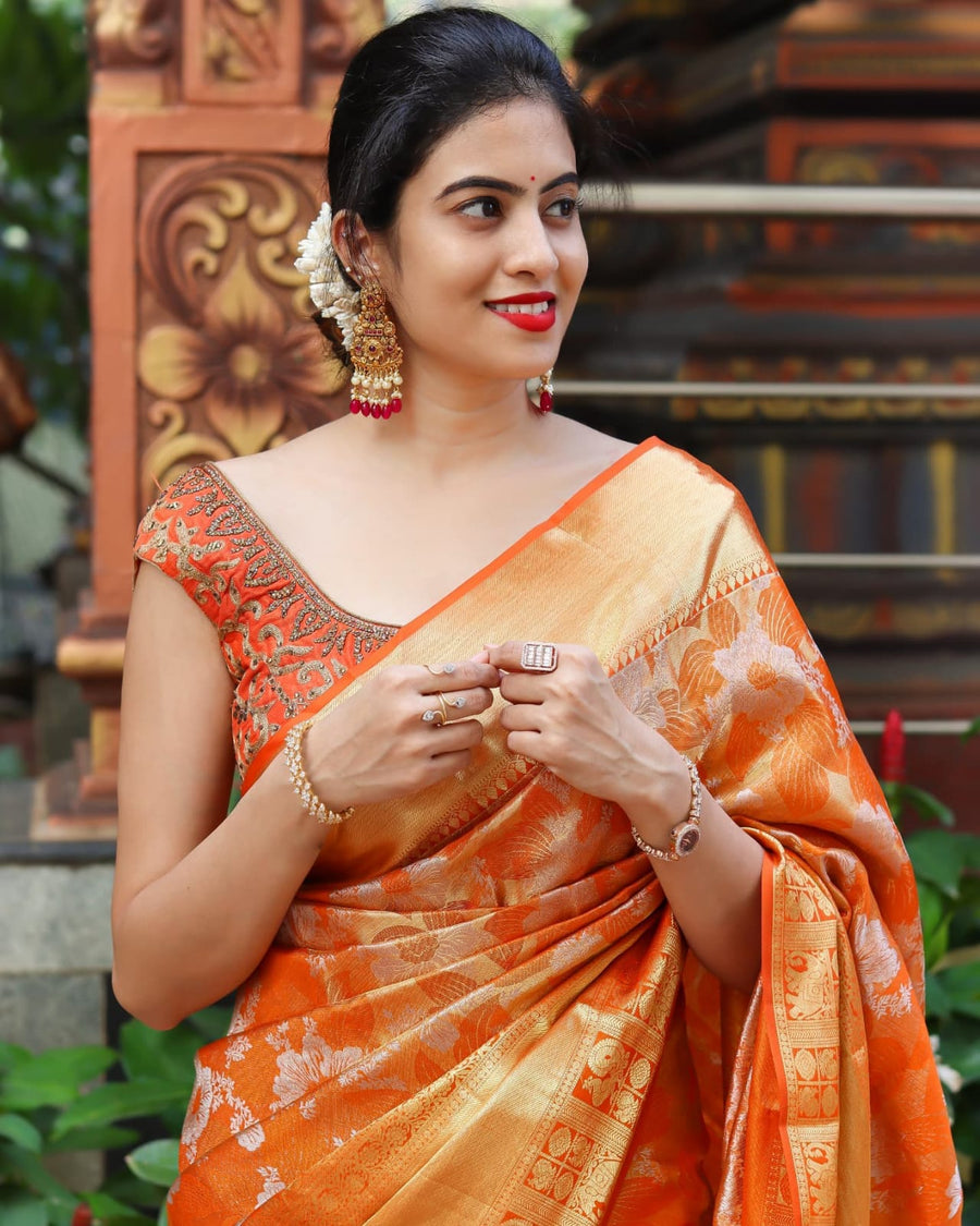 Felicitous Orange Soft Banarasi Silk Saree With Enchanting Blouse Piec - Shop authentic Indian Women's Fashion by Silk Folks