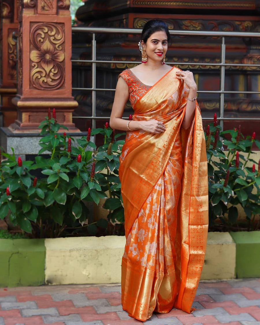 Felicitous Orange Soft Banarasi Silk Saree With Enchanting Blouse Piec - Shop authentic Indian Women's Fashion by Silk Folks