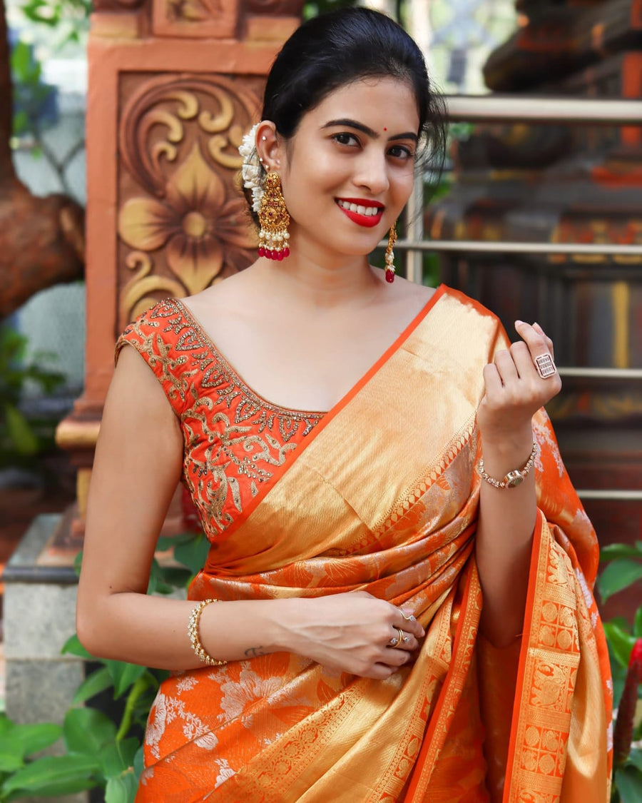 Felicitous Orange Soft Banarasi Silk Saree With Enchanting Blouse Piec - Shop authentic Indian Women's Fashion by Silk Folks