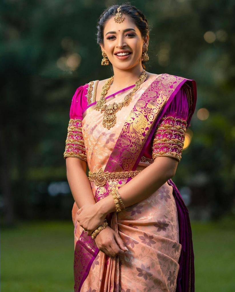 Felicitous Peach Soft Banarasi Silk Saree With Lovely Blouse Piece - Shop authentic Indian Women's Fashion by Silk Folks