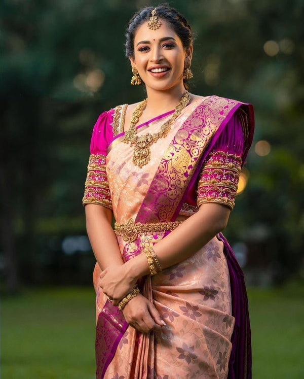 Felicitous Peach Soft Banarasi Silk Saree With Lovely Blouse Piece - Shop authentic Indian Women's Fashion by Silk Folks